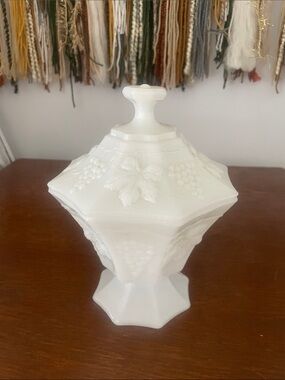 Milk Glass Lidded Candy Dish with Grape Motif -  vintage anchor hocking